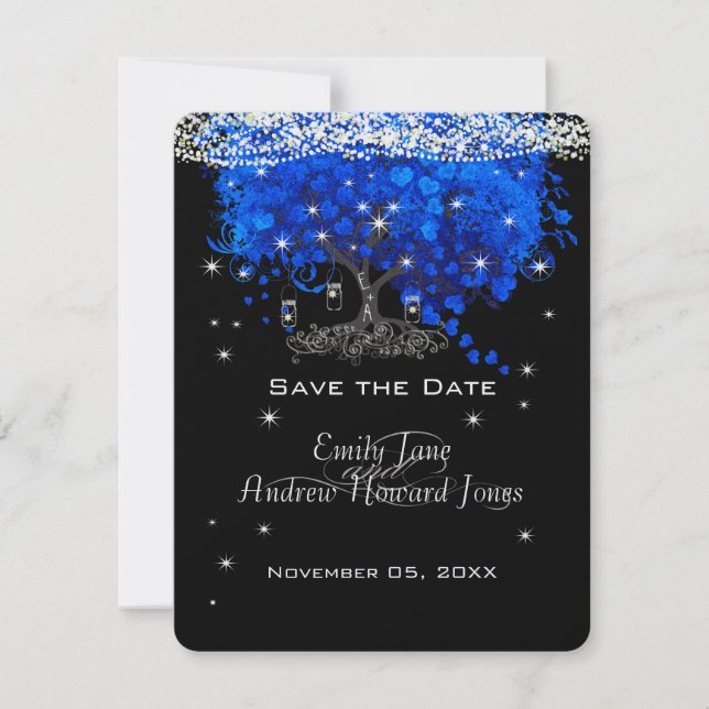 Invitación Elegant Cobalt Blue Heart Leaf Tree Save the Date (Anverso)