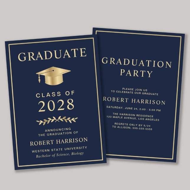 Invitación Elegant College Blue Gold Graduation Party (An elegant college graduation party invitation to celebrate the graduate's achievements)