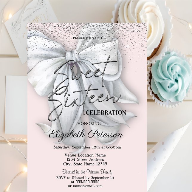 Invitación Elegant Confetti White Bow Pink Sweet 16 (Subido por el creador)