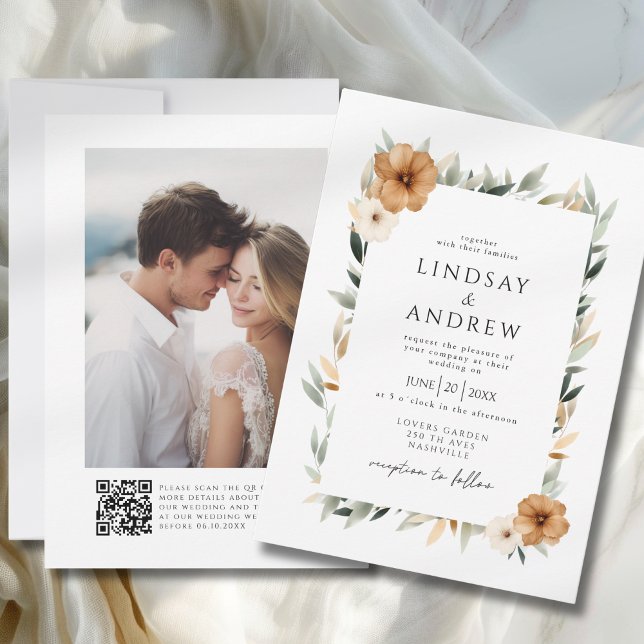 Invitación Elegant Copper & Earthy Botanical Photo Wedding (Elegant Copper & Earthy Botanical Photo & QR Code Wedding Invitation)