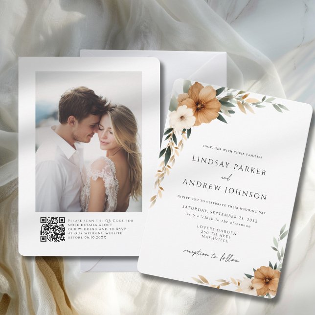 Invitación Elegant Copper & Earthy Botanical Wedding Photo (Elegant Copper & Earthy Photo QR Code Botanical Wedding Invitation)