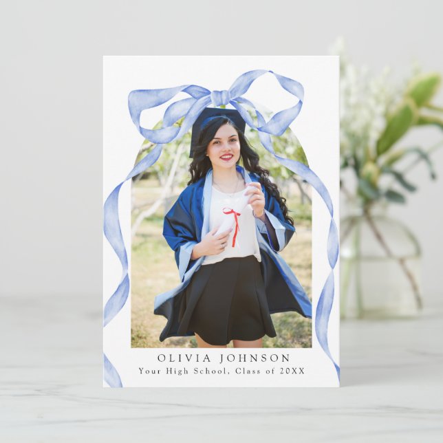 Invitación Elegant Coquette Blue Bow Photo Graduation Party (Anverso de pie)