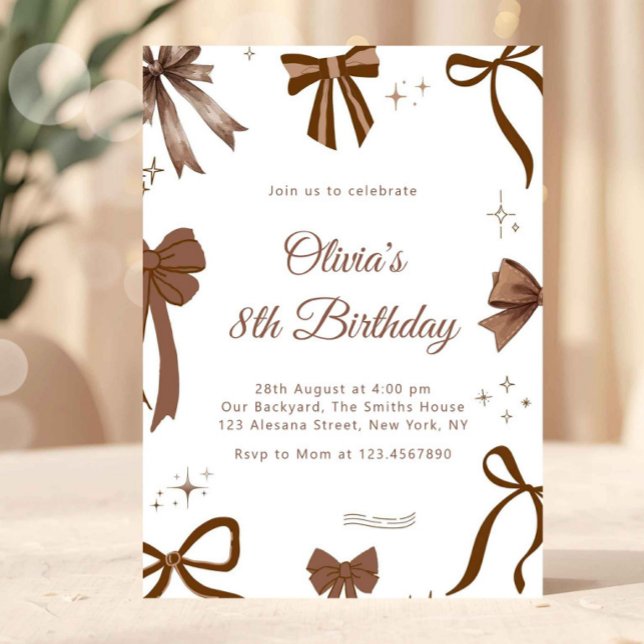 Invitación Elegant Coquette Brown Bow Birthday Invitation (bow birthday invitation, coquette birthday invite, neutral birthday invitation, elegant girls birthd)