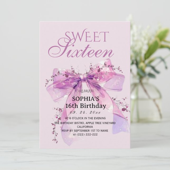 Invitación Elegant Coquette Floral Bow Sweet 16 Birthday (Anverso de pie)