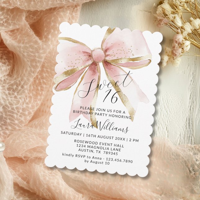 Invitación Elegant Coquette Pink & Gold Bow Sweet 16 (Elegant Coquette Pink and Gold Bow Sweet 16th Invitation)