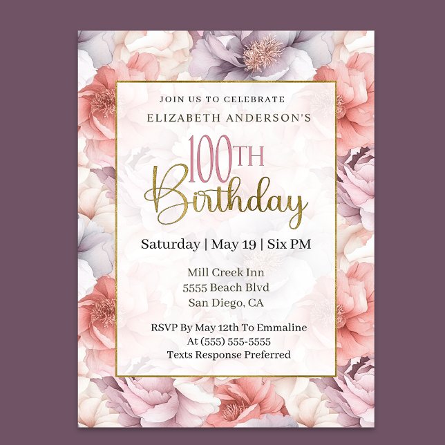 Invitación Elegant Coral and Lavender Peony 100th Birthday  (Subido por el creador)