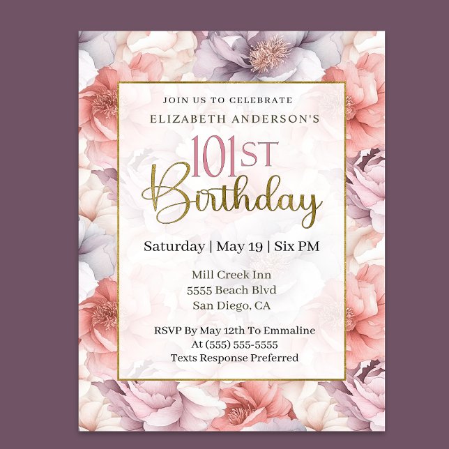 Invitación Elegant Coral and Lavender Peony 101st Birthday  (Subido por el creador)