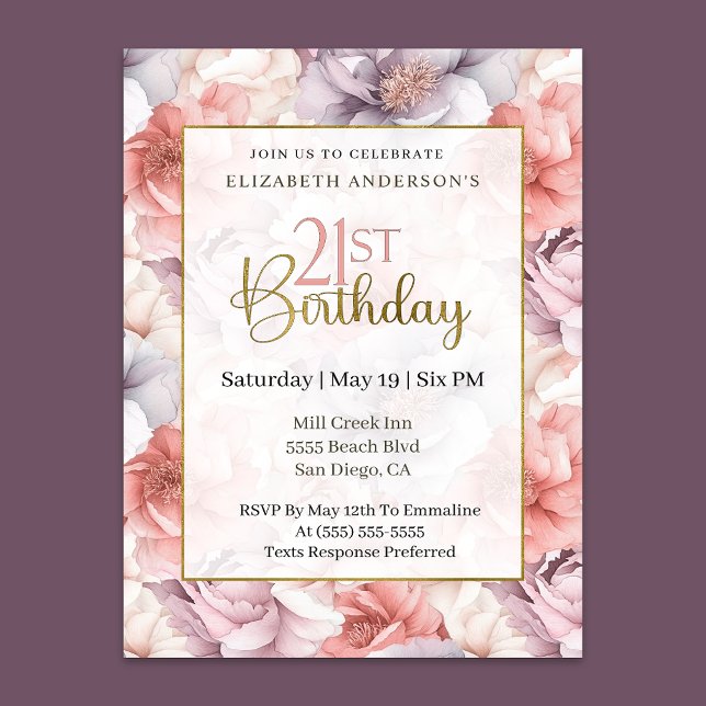 Invitación Elegant Coral and Lavender Peony 21st Birthday  (Subido por el creador)