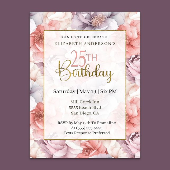 Invitación Elegant Coral and Lavender Peony 25th Birthday  (Subido por el creador)