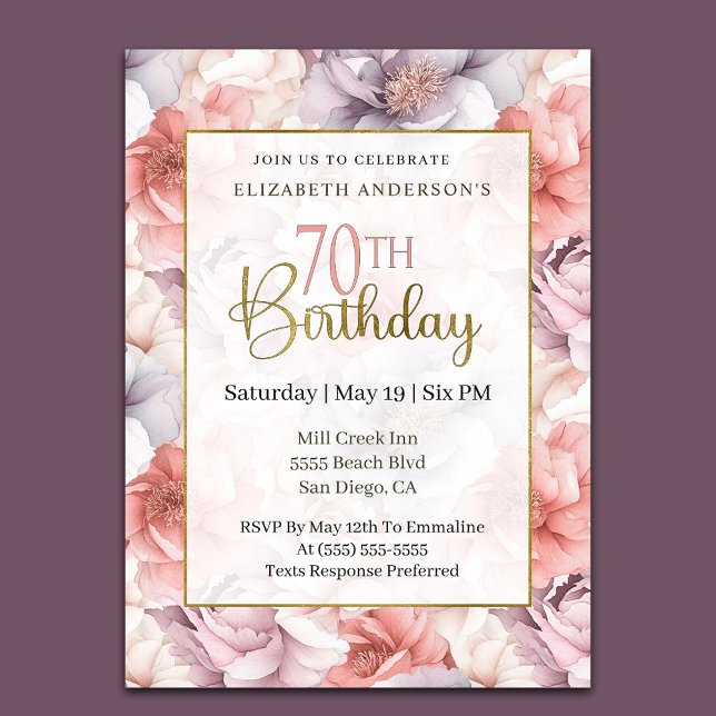 Invitación Elegant Coral and Lavender Peony 70th Birthday  (Subido por el creador)