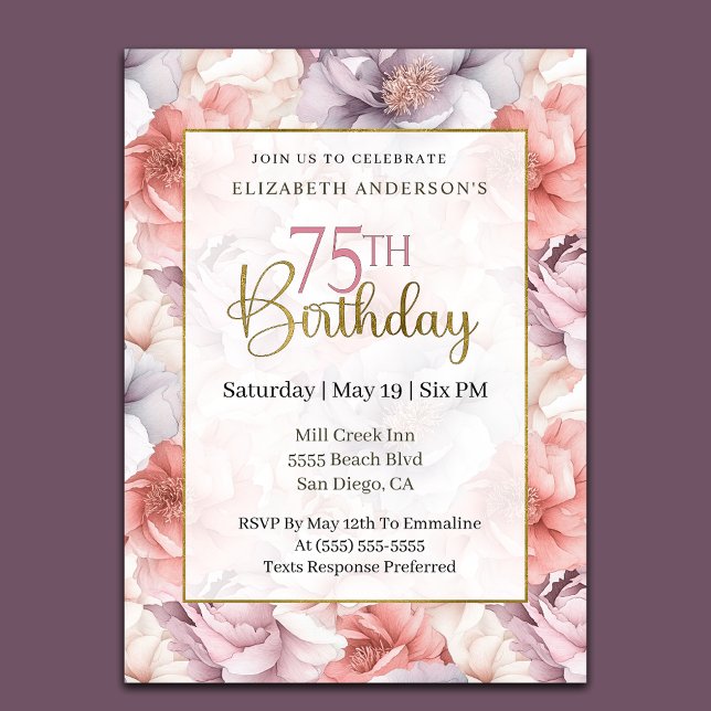 Invitación Elegant Coral and Lavender Peony 75th Birthday  (Subido por el creador)