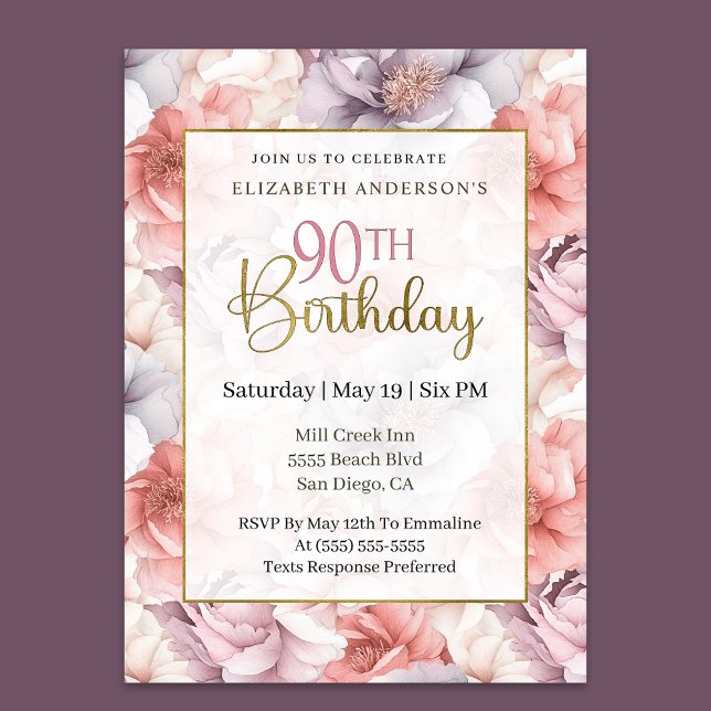 Invitación Elegant Coral and Lavender Peony 90th Birthday  (Subido por el creador)