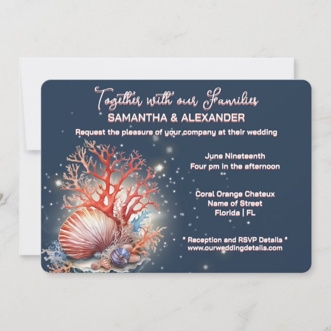 Invitación Elegant Coral Blue Beach Wedding Invitation (Anverso)