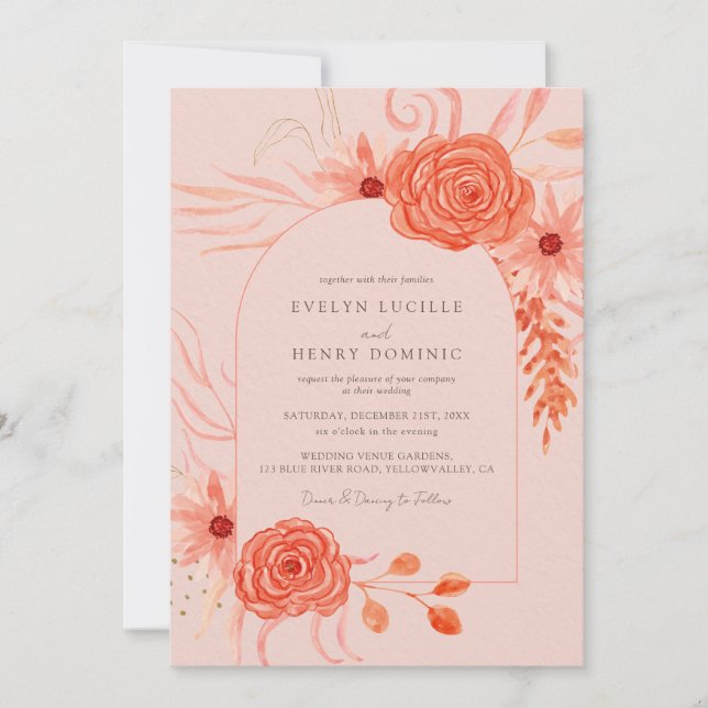 Invitación Elegant Coral Floral Terracotta Wedding (Anverso)