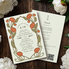 Invitación Elegant Coral Peony Art Nouveau QR Code Wedding