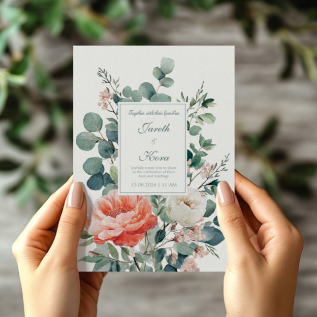 Invitación Elegant Coral Peony Eucalyptus Watercolor (Subido por el creador)
