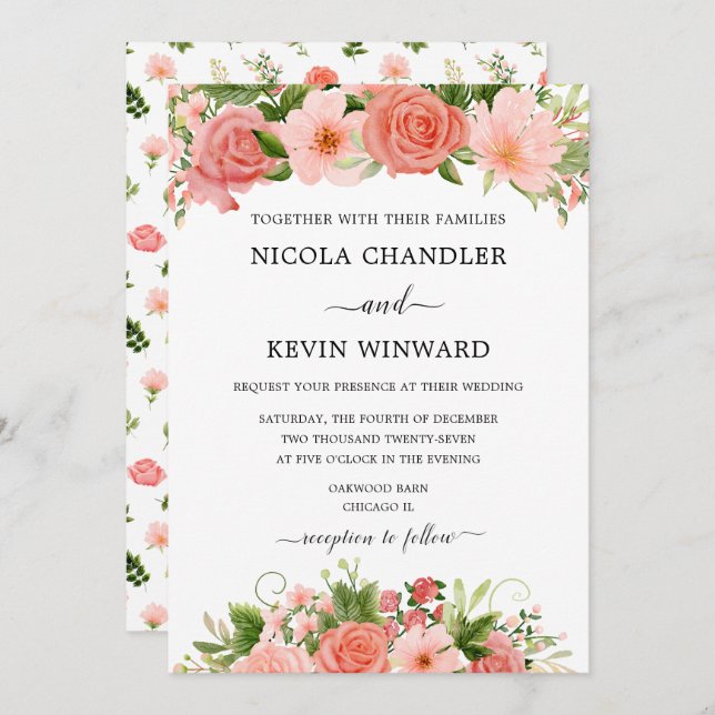 Invitación Elegant Coral Roses Floral Wedding (Anverso / Reverso)