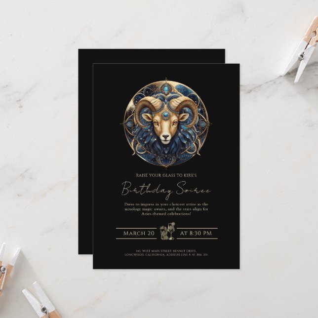 Invitación Elegant Cosmic Ram Zodiac Symbol Black Gold Aries (Anverso/Reverso In Situ)