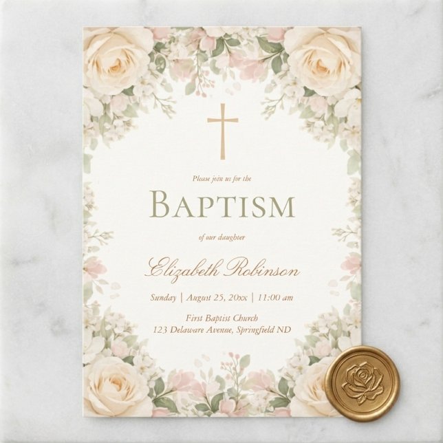 Invitación Elegant Cream Rose Floral Cross Baptism (Subido por el creador)