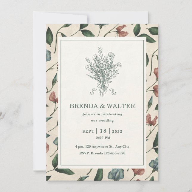 Invitación Elegant Cream Rustic Wildflower Sketch Wedding  (Anverso)