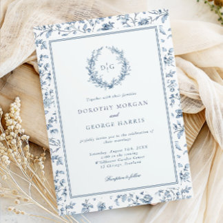 Invitación Elegant Crest Blue Chinoiserie Wedding