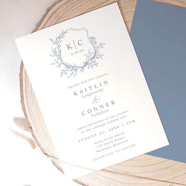 Invitación Elegant Crest Dusty Blue Classic Formal Wedding (Elegant dusty blue wedding invitation with vintage crest, monogram, and botanical details)