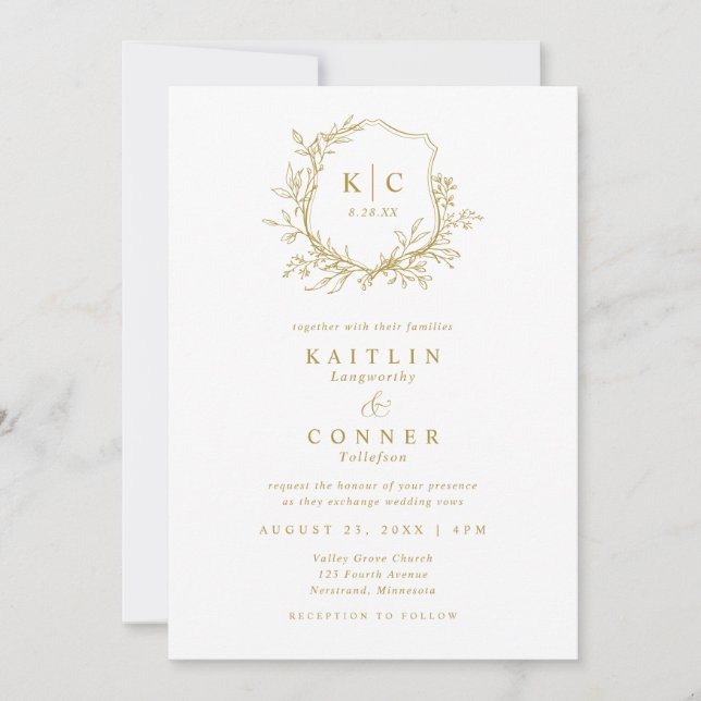 Invitación Elegant Crest Gold Classic Formal Wedding Logo (Anverso)