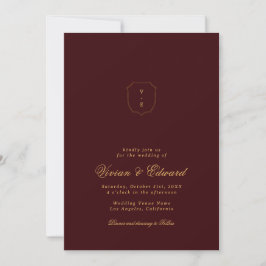 Invitación Elegant Crest Monogram Burgundy and Gold Wedding