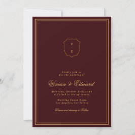 Invitación Elegant Crest Monogram Burgundy & Gold Wedding