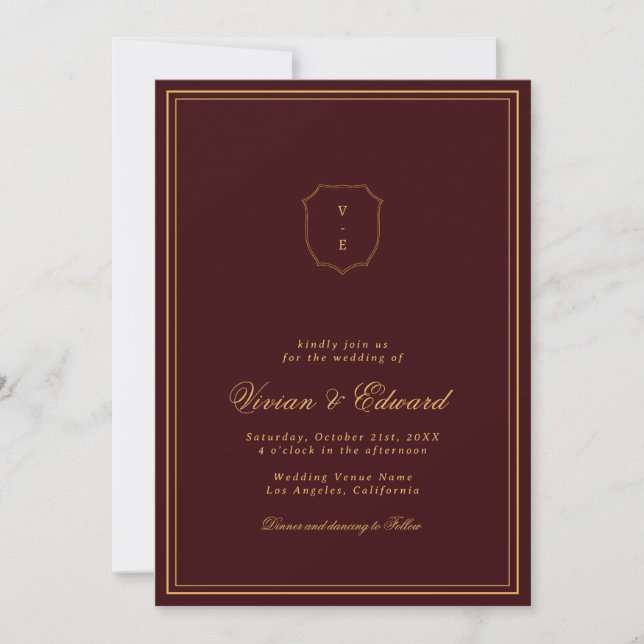 Invitación Elegant Crest Monogram Burgundy & Gold Wedding (Anverso)