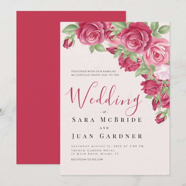 Invitación Elegant Crimson & Pink Roses Wedding Invitation (Anverso / Reverso)