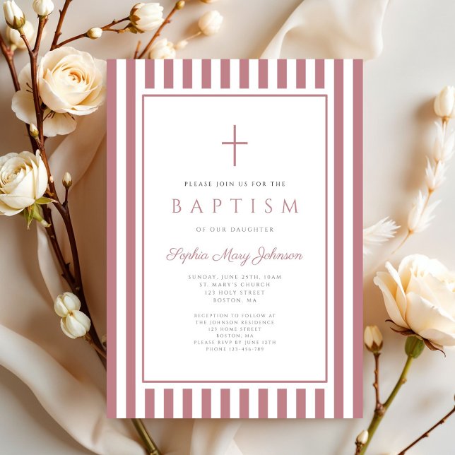 Invitación Elegant Cross Dusty Pink Girl Baptism  (Elegant Cross Dusty Pink Girl Baptism Invitation)