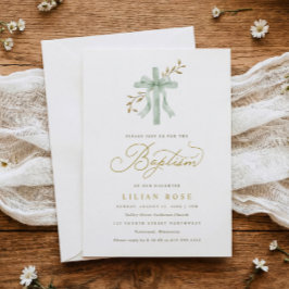 Invitación Elegant Cross Sage Bow Watercolor Greenery Baptism