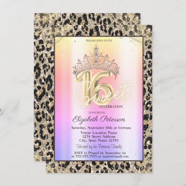 Invitación Elegant Crown Colorful Leopard Print Sweet 16   (Anverso / Reverso)