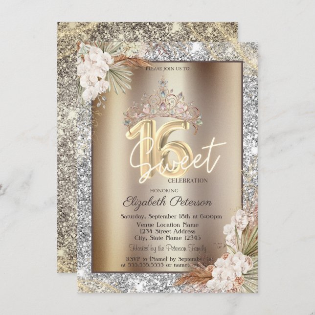 Invitación Elegant Crown Flowers Sparkle Glitter Sweet 16   (Anverso / Reverso)