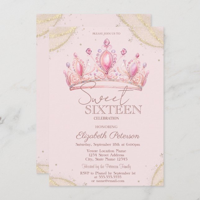 Invitación Elegant Crown Gold Glitter Corners Sweet 16   (Anverso / Reverso)