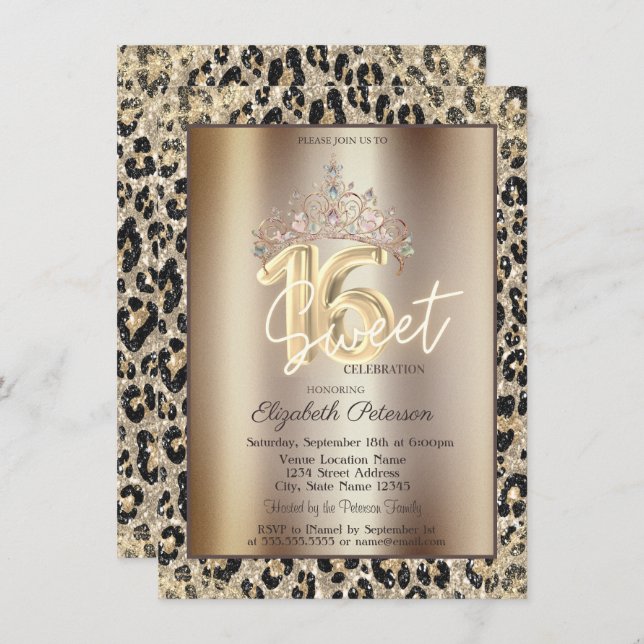 Invitación Elegant Crown Leopard Print Sweet 16   (Anverso / Reverso)
