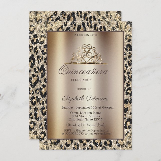 Invitación Elegant Crown Leopard Print Sweet Quinceañera (Anverso / Reverso)