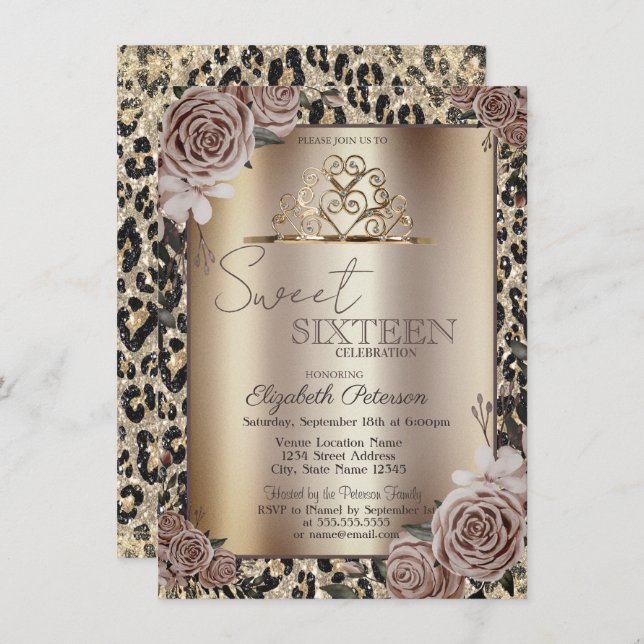 Invitación Elegant Crown Roses Leopard Print Sweet 16   (Anverso / Reverso)