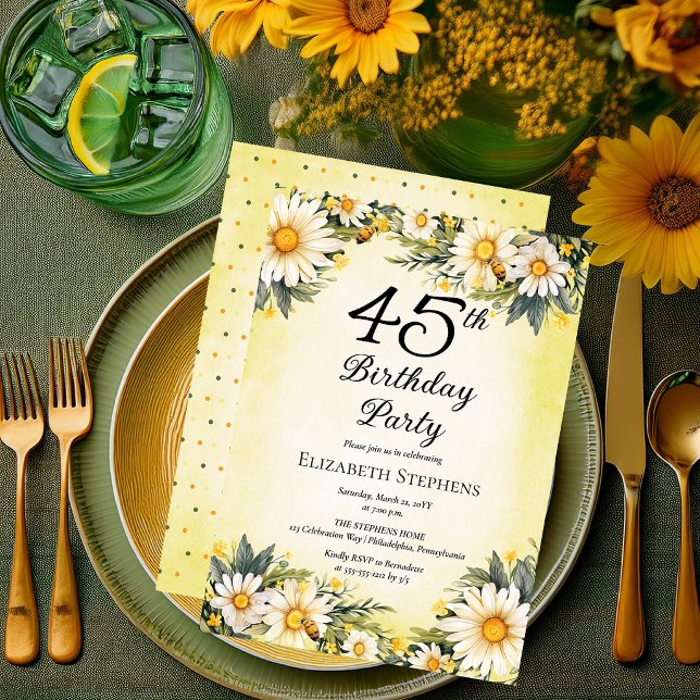 Invitación Elegant Daisies Garden Floral 45th Birthday Party (Elegant Daisies Garden Floral 45th Birthday Party Invitation - Print and/or Digital Download)