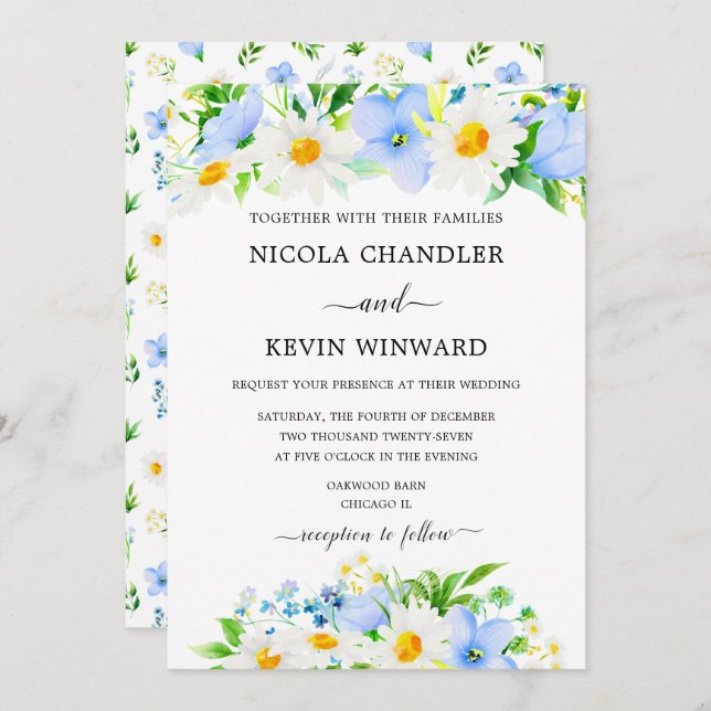 Invitación Elegant Daisy and Forget Me Not Wedding (Anverso / Reverso)