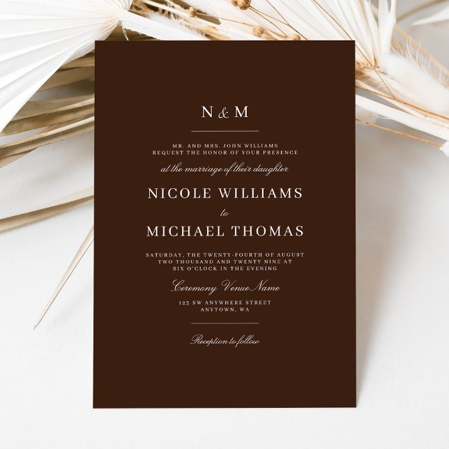 Invitación Elegant Dark Brown Monogram Classic Wedding (Subido por el creador)