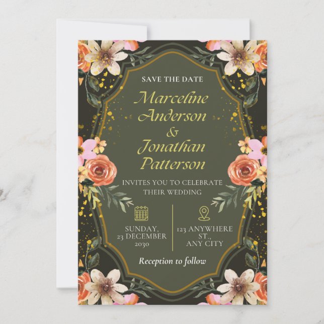 Invitación Elegant Dark Floral Wedding Invitation Card (Anverso)