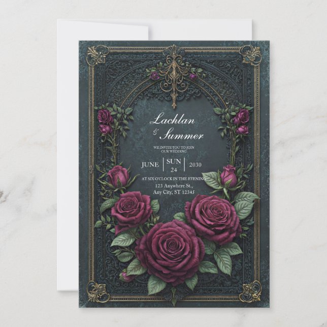 Invitación Elegant Dark Gothic Burgundy Rose Arched Wedding (Anverso)