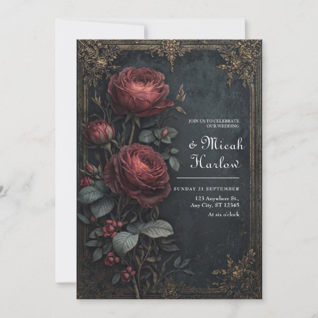 Invitación Elegant Dark Gothic Burgundy Rose Floral Wedding (Anverso)