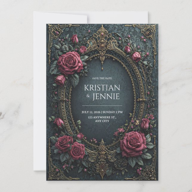 Invitación Elegant Dark Gothic Burgundy Rose Oval Wedding (Anverso)