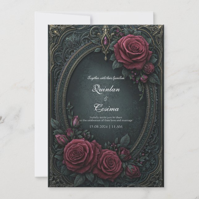 Invitación Elegant Dark Gothic Burgundy Rose Oval Wedding (Anverso)
