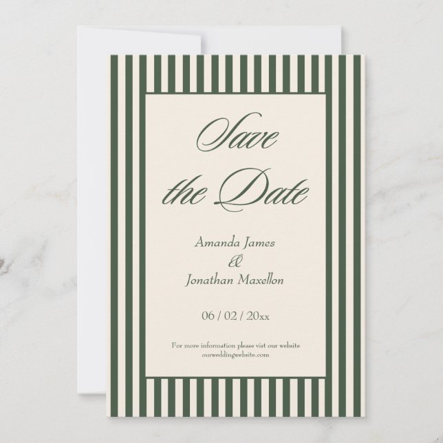Invitación Elegant Dark Green and Cream Stripes Save the Date (Anverso)