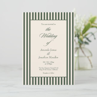Invitación Elegant Dark Green Cream Vertical Stripes Wedding