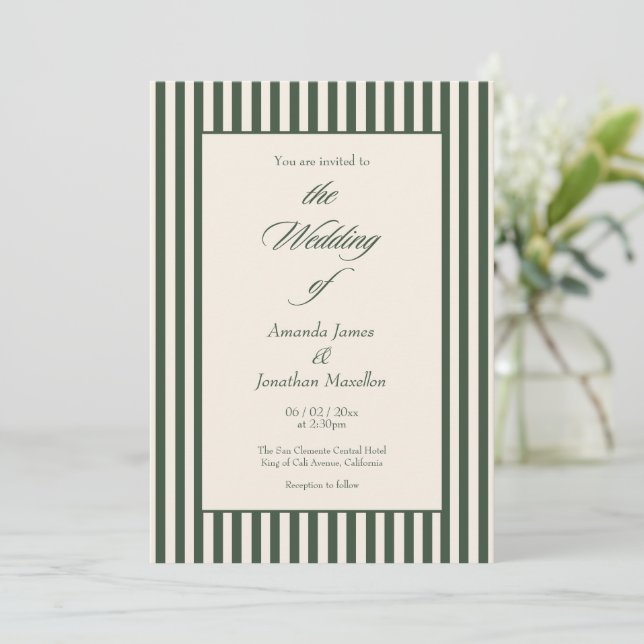 Invitación Elegant Dark Green Cream Vertical Stripes Wedding (Anverso de pie)